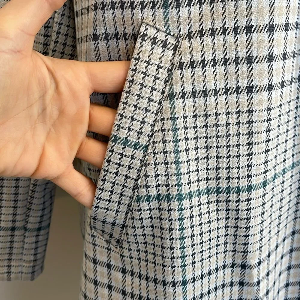 Melloday TRENCH COAT GREY BLUE PLAID SLASH POCKET OPEN FRONT - Picture 3 of 7